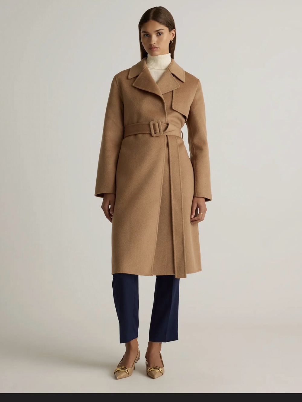 Quince Double-Faced Merino Wool Trench Coat in Caramel